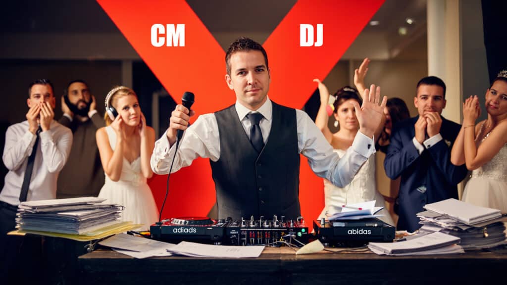 Cm & dj in one? Is there a wedding dj and master of ceremonies in 1? 7 wedding DJ and master of ceremonies - DJ holding a microphone at an event, guests and a large red X in the background