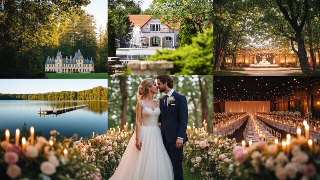 Top20 hochzeitslocation 2025 i beste hochzeitslocations 1 Bester Hochzeitsort in Ungarn – Schloss, Wald, Veranstaltungsraum, Steg, Paar in Hochzeitskleidung.