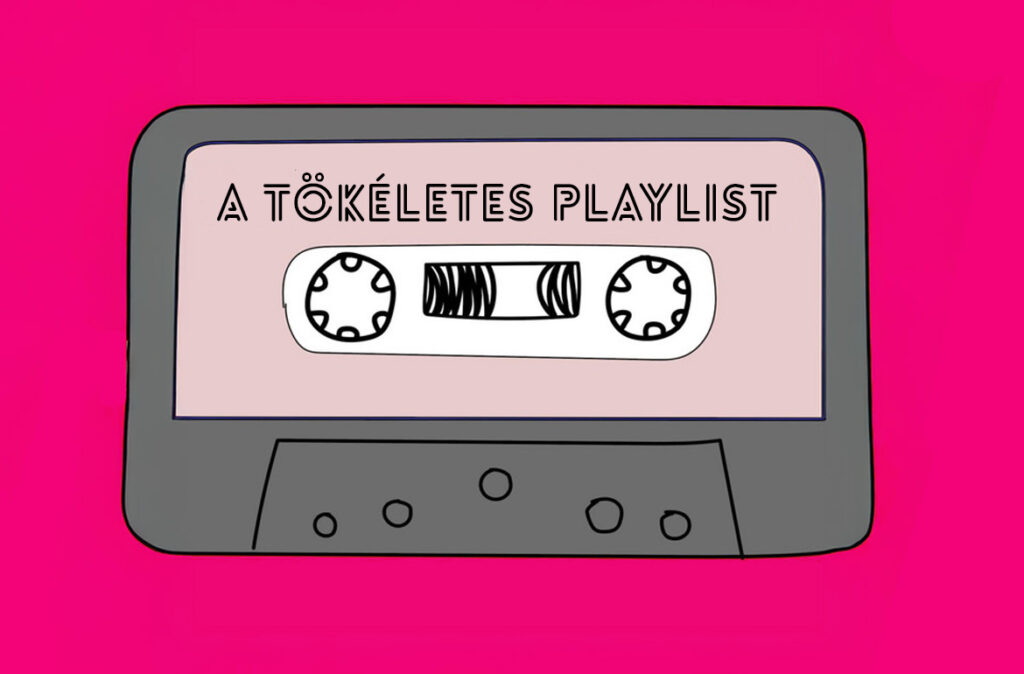 legnépszerűbb zenei stílusok - Stilizált kazetta illusztráció, "A Tökéletes Playlist" felirattal, rózsaszín háttérrel.