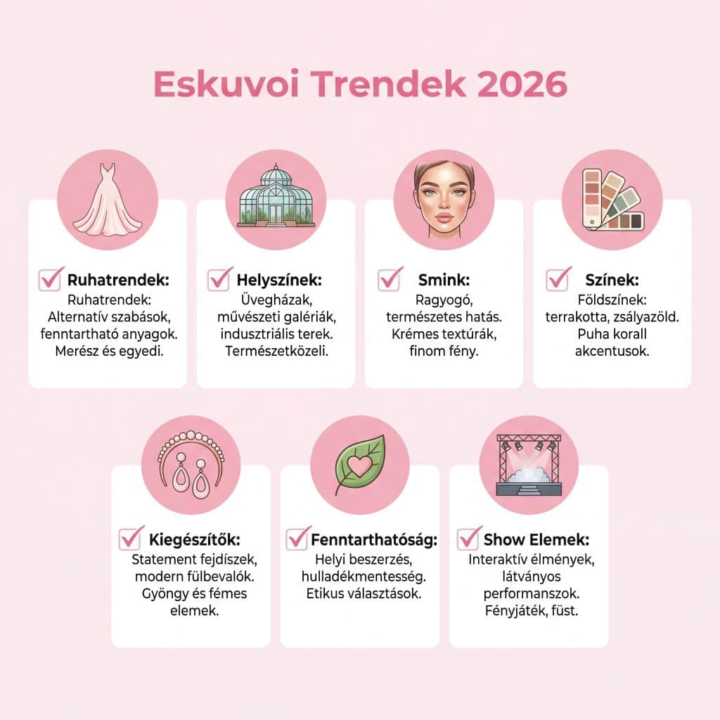Esküvői trendek 2026-ban - ami idén igazán menő lesz 4 Ruhatrendek, helyszínek, smink és színek a 2026-os esküvőkhöz.